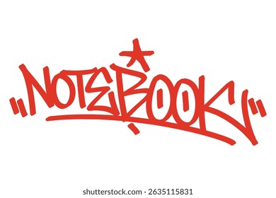 Graffiti tag “Notebook” in bold red lettering on transparent background. Urban street art look, ideal for school themes, creative visuals, and digital graffiti projects.