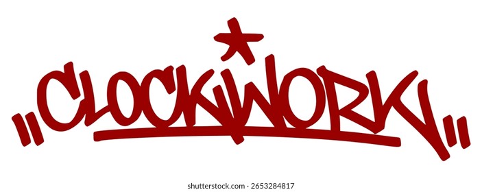 Graffiti tag “Clockwork” in bold red style on transparent background. Urban street art lettering with mechanical rhythm, Swiss precision, and raw street energy.
