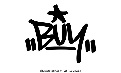 Graffiti tag “Buy” in bold street handstyle. Urban vector lettering perfect for e-commerce merch, retail branding, and modern shopping-related graphic design elements.
