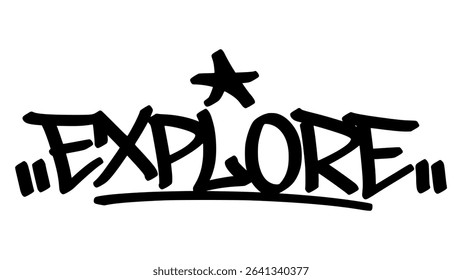 Graffiti tag “Explore” in bold street handstyle. Urban vector lettering with adventurous, curious vibe—perfect for travel themes, outdoor lifestyle graphics, and discovery-inspired branding.
