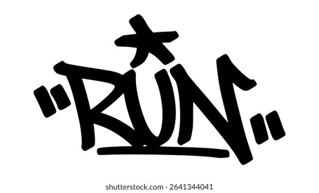 Graffiti tag “Run” in bold street handstyle. Urban vector lettering with fast-paced and energetic vibe—perfect for sports, movement, and active street-style designs.
