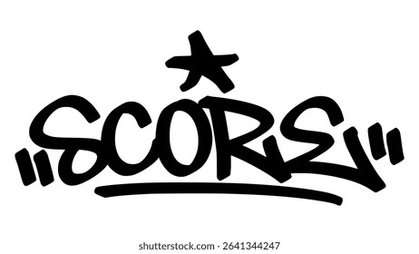 Graffiti tag “Score” in bold street handstyle. Urban vector lettering with competitive and energetic vibe—perfect for sports, achievement, and street-style designs.
