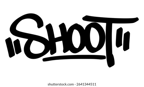 Graffiti tag “Shoot” in bold street handstyle. Urban vector lettering with dynamic and energetic vibe—ideal for photography, sports, and action-themed street designs.
