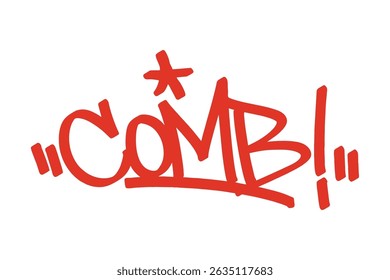 Graffiti tag "Comb" in bold red lettering on transparent background. Urban art style perfect for beauty tools, haircare themes, streetwear, and modern graphic design projects.