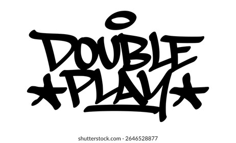 Graffiti tag of "Double Play" in bold black hand-drawn style. Urban street lettering with baseball theme and transparent background, ideal for sporty and energetic visual design.