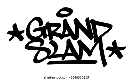 Graffiti tag of "Grand Slam" in bold black hand-drawn style. Urban street lettering with baseball theme and transparent background, perfect for powerful and sporty visual design.