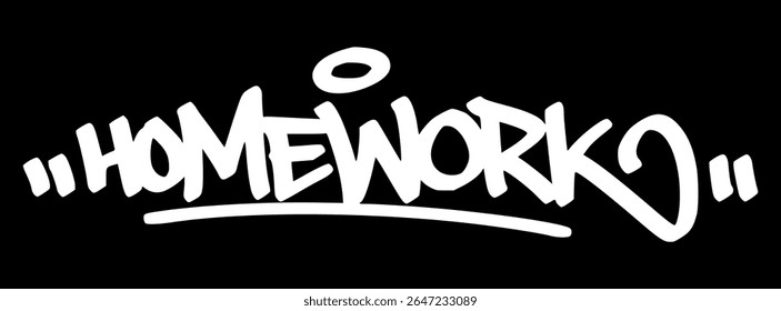 Graffiti tag "Homework" in white on black background. Hand drawn urban style for student life, schoolwork themes, and educational visuals.