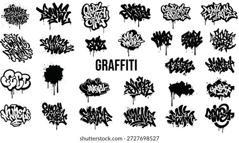 Graffiti tag icon set with 30 black stylized street art designs for urban, expressive, and graphic content