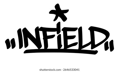 Graffiti tag of "Infield" in bold black hand-drawn style. Urban street lettering with baseball theme and transparent background, perfect for sporty, youth, and field-focused designs.