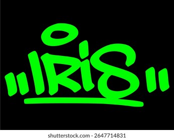 Graffiti tag of "Iris" in green on black background. Bold floral street art design perfect for elegant botanical themes and modern flower visuals.