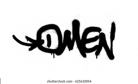 graffiti tag omen sprayed with leak in black on white
