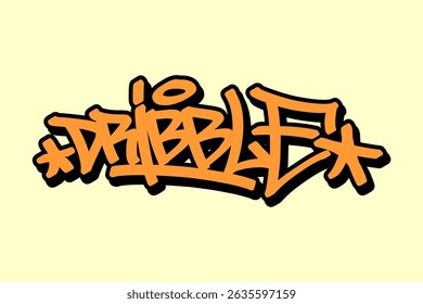 Graffiti tag “Dribble” in orange with black outline on yellow background. Bold street art, ideal for showcasing basketball ball control and urban sports energy.