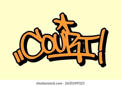Graffiti tag “Court” in orange with black outline on yellow background. Bold street art, ideal for representing basketball courts and vibrant urban sports energy.