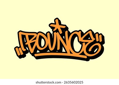 Graffiti tag “Bounce” in orange with black outline on yellow background. Bold street art style representing the lively bounce of a basketball in urban game settings.