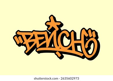 Graffiti tag “Bench” in orange with black outline on yellow background. Bold street art style highlighting the basketball bench with dynamic, vibrant energy.