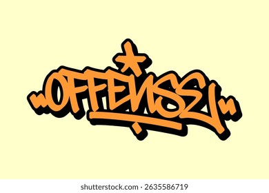 Grafite "Ofensa" em letras laranja com contorno preto em fundo amarelo. Energética vibração urbana, perfeito para temas de basquete, projetos de arte de rua e projetos inspirados no hip hop.