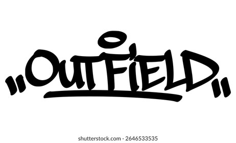 Graffiti tag of "Outfield" in bold black hand-drawn style. Urban street lettering with baseball theme and transparent background, perfect for sporty, wide-field, and youth visuals.
