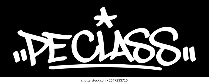 Graffiti tag "PE Class" em branco sobre fundo preto. Letras desenhadas à mão ousadas perfeitas para esportes escolares, atividades de ginástica e visuais de energia juvenil.