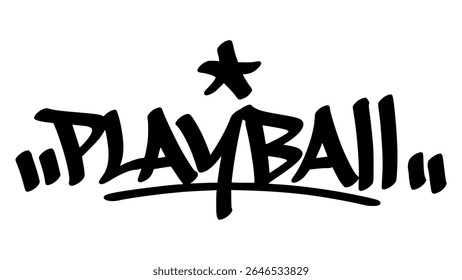 Graffiti tag of "Playball" in bold black hand-drawn style. Urban street lettering with baseball theme and transparent background, perfect for energetic, sporty, and youth visuals.