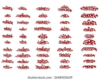Graffiti tag set of 50 urban slang words in bold red with drip effect on transparent background. Perfect for streetwear, stickers, and youth design themes.
