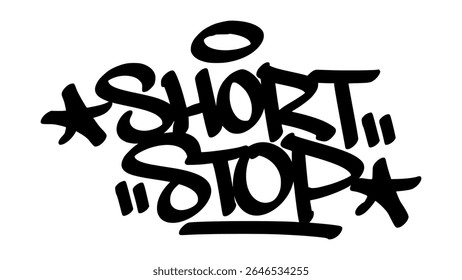 Graffiti tag of "Short Stop" in bold black hand-drawn style. Urban street lettering with baseball theme and transparent background, perfect for sporty, agile, and youth-focused visuals.