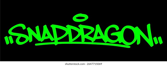 Graffiti tag of "Snapdragon" in green over black. Edgy floral street art style with bold lines, ideal for garden, decorative, and expressive designs.