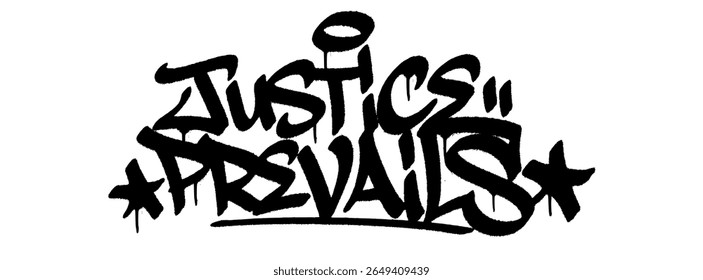 Grafite tag "Justiça Prevalece" arte urbana de rua para o Dia Internacional da Justiça Criminal, mural criativo com mensagem forte e arrojada.