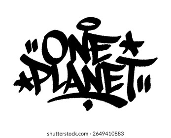 Grafite tag "One Planet" arte urbana para o Dia Mundial da População, mural criativo com unidade e tema de consciência.