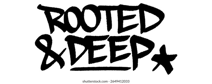 Grafite tag "Rooted Deep" em arte urbana para o Dia do Mangue, mural com tema ecológico com forte conexão e raízes naturais.