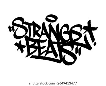 Graffiti tag "Strange Beats" street art urban para Uncommon Instruments Day, mural ousado com peculiar vibração musical.