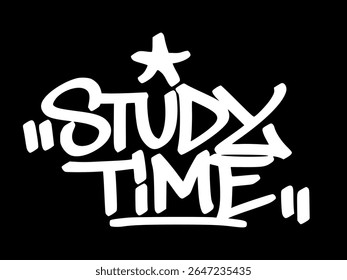 Graffiti tag "Study Time" in white on black background. Hand drawn street-style lettering ideal for school routines, learning focus, and academic visuals.