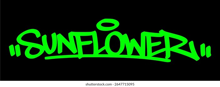 Graffiti tag of "Sunflower" in green on black background. Bold floral street art perfect for sunny, nature-loving, and cheerful design projects.