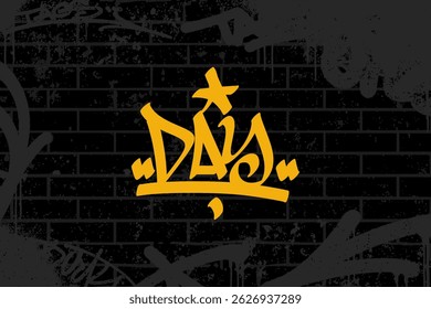 Graffiti tag text “DAY” in bold handstyle with calligraphy marker texture. Expressive urban lettering perfect for streetwear designs, stickers, digital art, and edgy street culture visuals.
