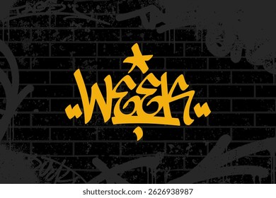 Graffiti tag text “WEEK” in bold handstyle with calligraphy marker texture. Perfect for streetwear graphics, sticker designs, urban art projects, and expressive street culture visuals.
