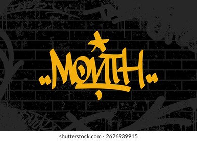 Graffiti tag text “MONTH” in bold handstyle with calligraphy marker texture. Ideal for streetwear graphics, sticker art, urban branding projects, and expressive street culture visuals.
