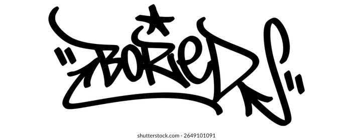 Texto da tag de grafite "Entediado" em estilo de arte de rua em negrito. Letras vetoriais desenhadas à mão com energia urbana exclusiva e nervosa. Isolado em fundo transparente, perfeito para roupas de rua, cartazes.
