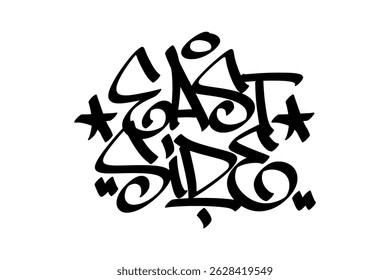 Graffiti tag text "EAST SIDE" in bold hand-drawn street art style. Urban vector lettering with raw spray texture. Perfect for streetwear, urban culture, murals, and edgy graphic designs.
