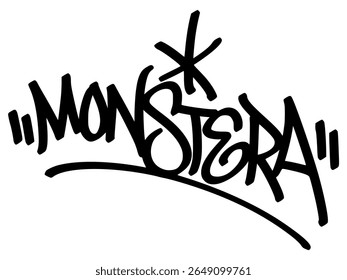 Graffiti tag text "Monstera" in bold street art style. Hand-drawn vector lettering with exclusive, edgy urban energy. Isolated on transparent background, perfect for streetwear, posters.