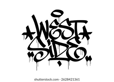 Graffiti tag text "WEST SIDE" in bold hand-drawn street art style. Urban vector lettering with raw spray texture. Perfect for streetwear, urban culture, murals, and edgy graphic designs.
