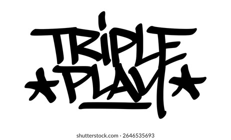 Graffiti tag de "Triple Play" em negrito preto desenhado à mão. Urbano rua lettering com tema de beisebol e fundo transparente, ideal para o uso raro, estratégico, e desportivo design.