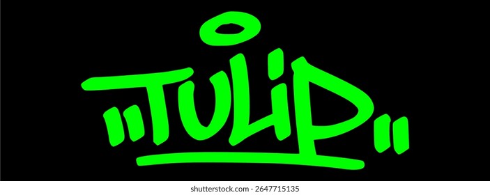 Graffiti tag of "Tulip" in bold green on black. Elegant street art floral design ideal for spring, garden, and romantic-themed creative visuals.