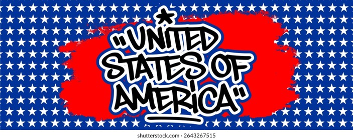 Graffiti tag of "United States of America" with marker texture in black, red, white, and blue. Urban patriotic style for July 4th art and street visuals.