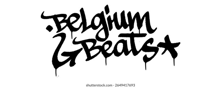 Grafite tag "Belgium Beats" mural urbano para o Dia Nacional da Bélgica, arte criativa de rua com ritmo e vibração de unidade.