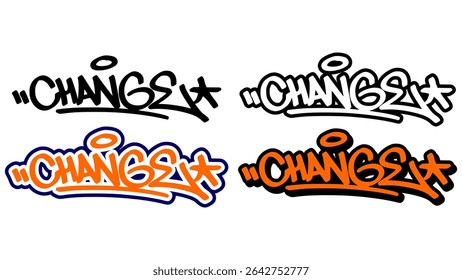 Graffiti tag vector of the word “CHANGE” in bold street style with orange, black, and white. Includes 4 visual variations. Ideal for hip hop visuals, print, and sticker design.