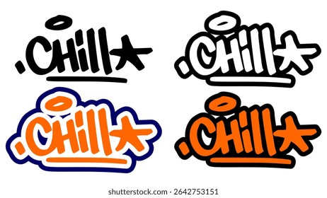 Graffiti tag vector of the word “CHILL” in bold street style with orange, black, and white. Includes 4 visual variations. Perfect for hip hop themes, sticker use, and urban prints.