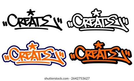 Graffiti tag vector of the word “CREATE” in bold street style with orange, black, and white. Includes 4 visual variations. Perfect for hip hop artwork, print design, and sticker use.