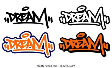 Graffiti tag vector of the word “DREAM” in bold street style with orange, black, and white. Features 4 visual variations. Ideal for hip hop artwork, print media, and sticker design.