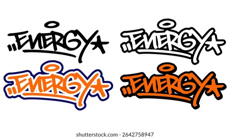 Graffiti tag vector of the word “ENERGY” in bold street style with orange, black, and white. Features 4 visual variations. Great for hip hop themes, sticker design, and print artwork.