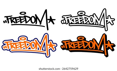 Graffiti tag vector of the word “FREEDOM” in bold street style with orange, black, and white. Features 4 visual variations. Perfect for hip hop artwork, stickers, and urban print themes.