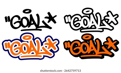 Graffiti tag vector of the word “GOAL” in bold street style with orange, black, and white. Includes 4 style variations. Ideal for hip hop visuals, stickers, and urban print artwork.